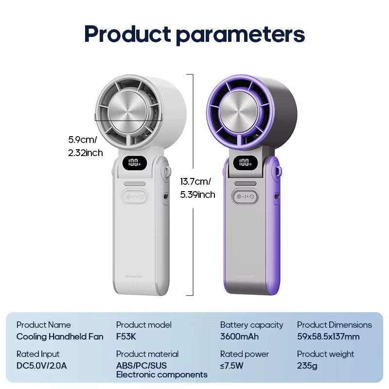 Outdoor Foldable Portable Handheld Fan Mini Cooling Rechargeable 3600Mah 100-Level Free Control High Speed Turbo Fan